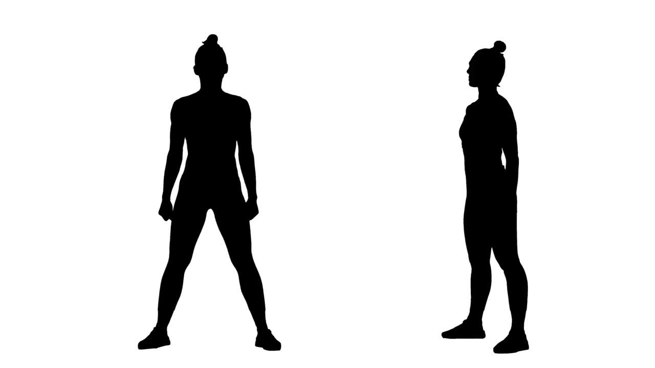 黑色剪影的年轻女子在运动服做深蹲。锻炼臀部，健美女性。2在1拼贴正面和侧面视图全长度在白色背景。慢动作准备59.94帧视频下载
