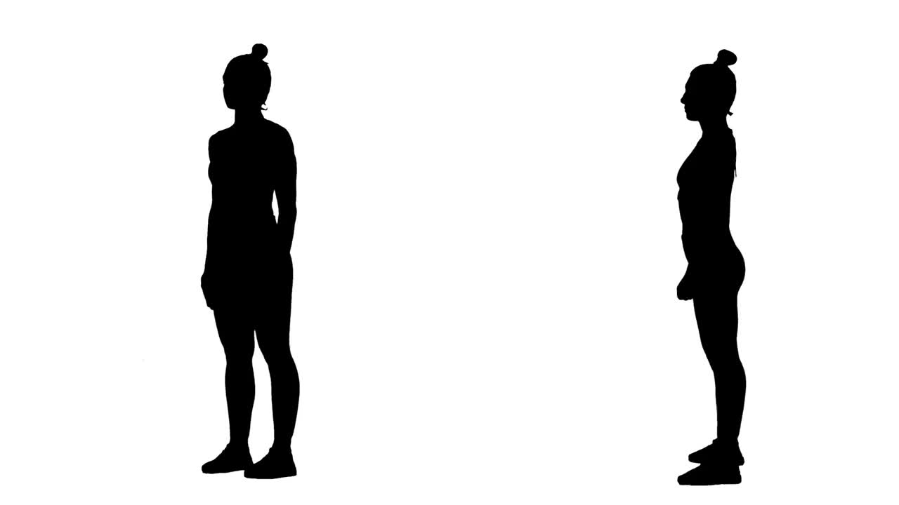 年轻女子做下蹲和弓步的黑色剪影。锻炼臀部，健美女性。2在1拼贴正面和侧面视图全长度在白色背景。慢动作准备59.94帧视频素材