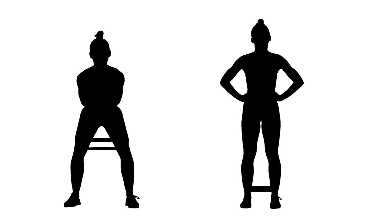 黑色剪影的年轻女子运动服做运动与健身橡皮筋。腿部锻炼，女性健身。2在1拼贴全长度在白色背景。慢动作准备59.94帧视频下载