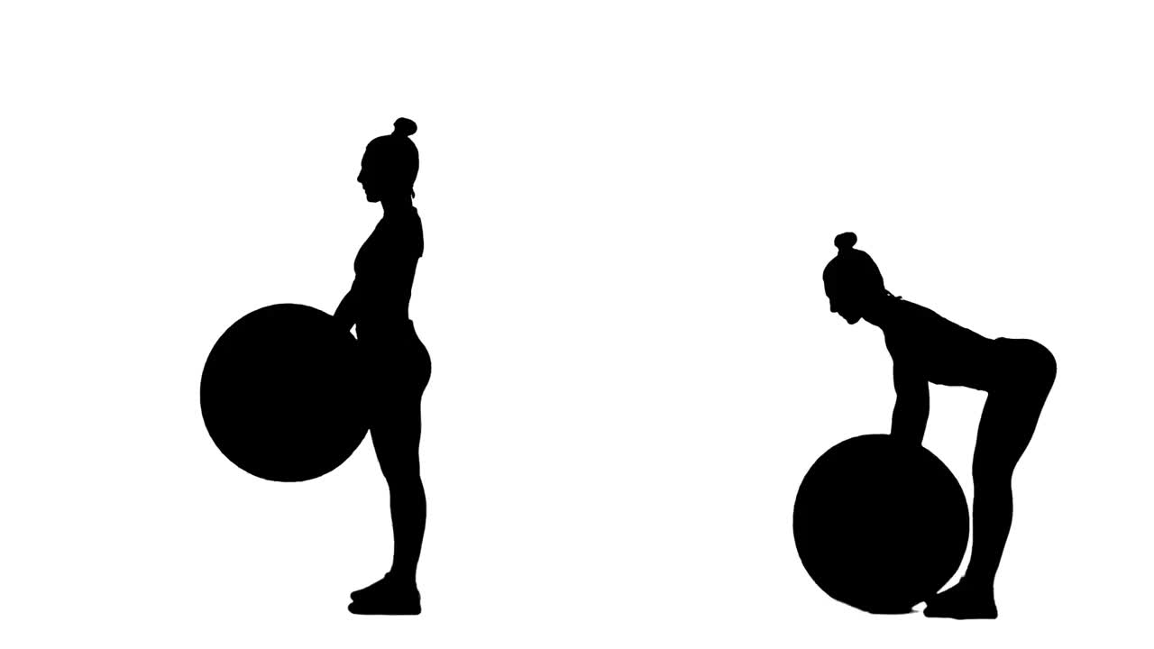 年轻女子黑色剪影练球。腿部和手臂的锻炼，女性的健康。2在1拼贴正面和侧面视图全长度在白色背景。慢动作准备59.94帧视频素材
