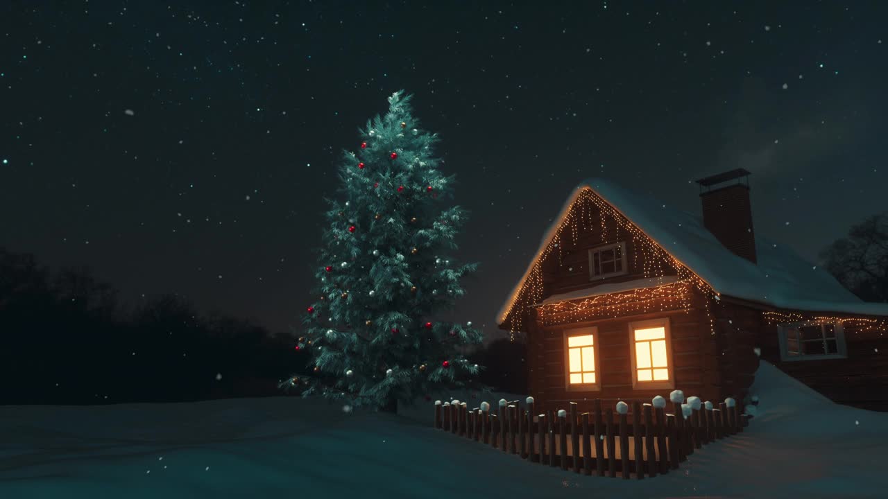圣誕節完美的冬季童話景觀。圣誕老人的木屋被白雪覆蓋，旁邊是一棵用玩具和花環裝飾的巨大的神奇冷杉樹。視頻素材