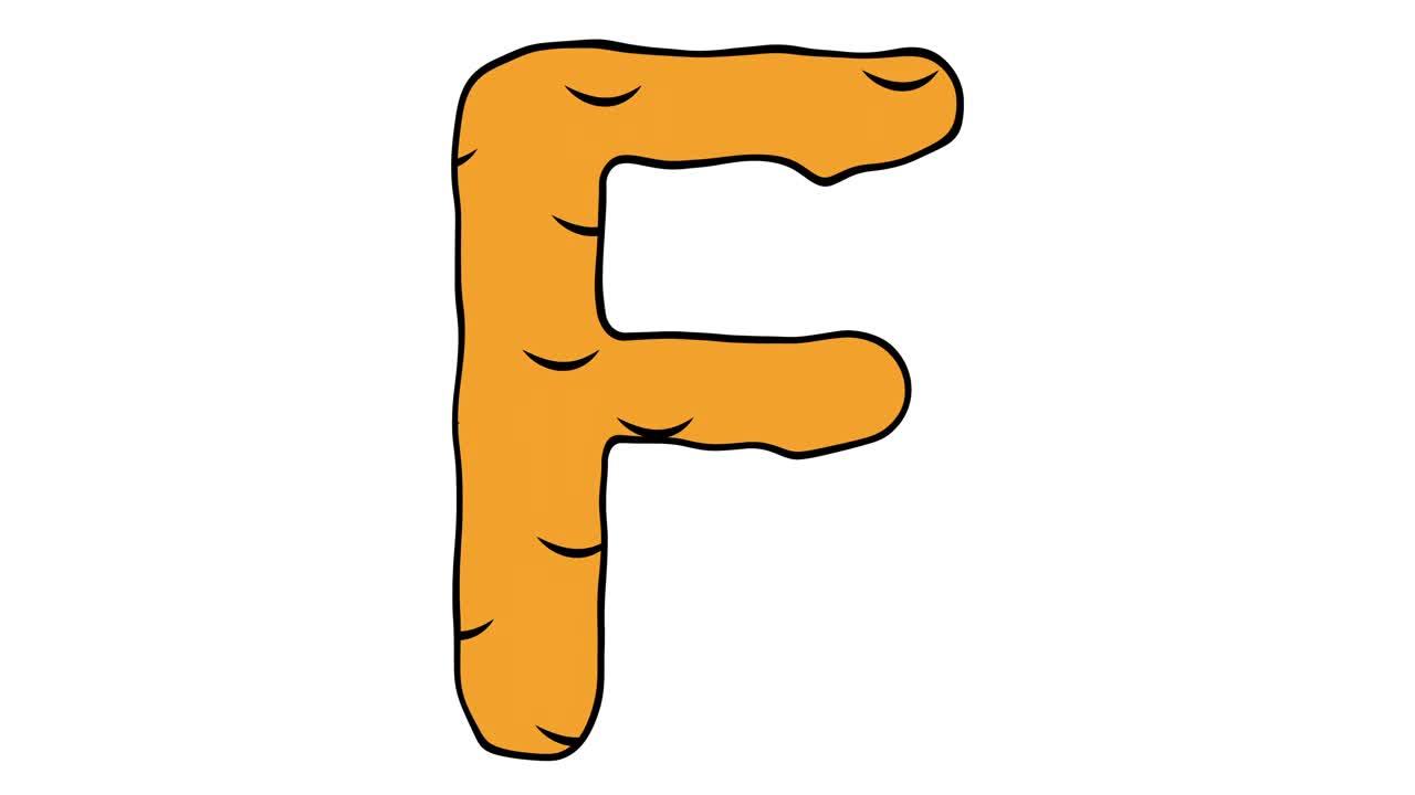 字母f，卡通风格的视频，融化的橙色字母上的液体流下。蜂蜜、巧克力和冰淇淋的广告。4K动画与阿尔法频道为网站，介绍，广告和游戏。视频素材