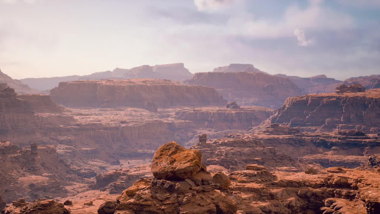 日出时美丽峡谷的如画全景。三维逼真的可视化美丽的山脉和岩石。视频购买
