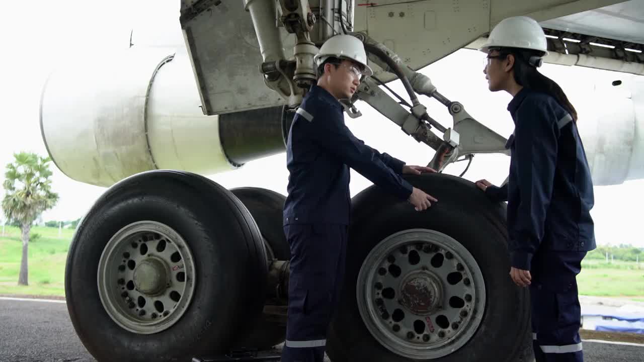 飞机维修机械工程师对飞机发动机在机库的分析、检查和工作。视频素材