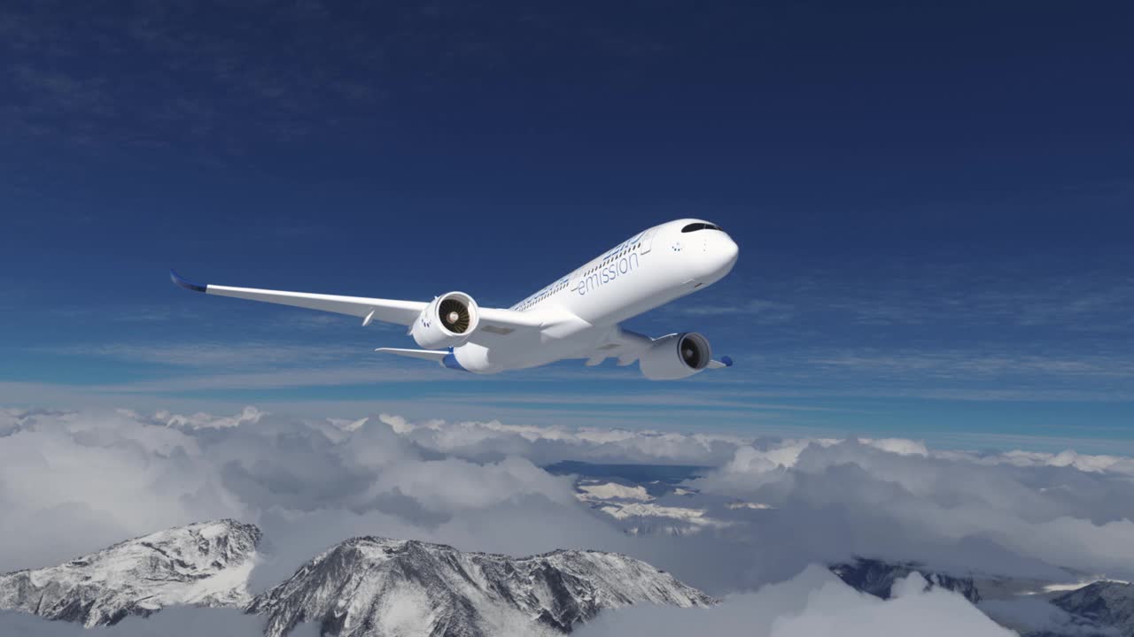 蓝天中充满氢气的飞机——未来氢气能源概念。视频下载