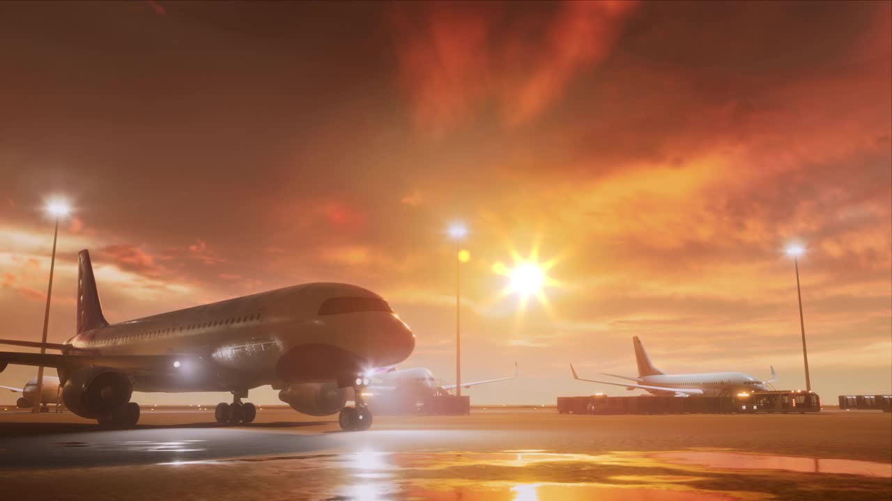 3D商用飞机拉到机场终端与飞机，旅客终端，跑道和服务机械渲染。现代视觉特效飞机在国际港口夜间移动。视频下载