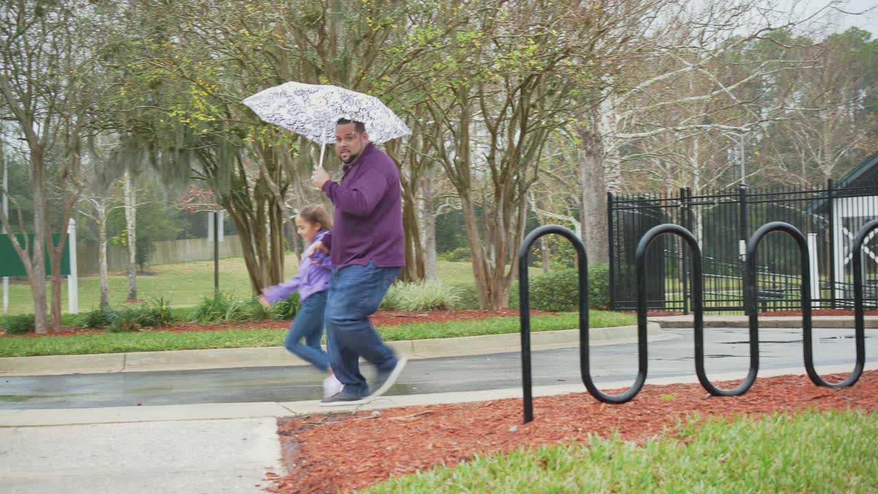 西班牙女孩和父亲打着伞在雨中奔跑视频下载