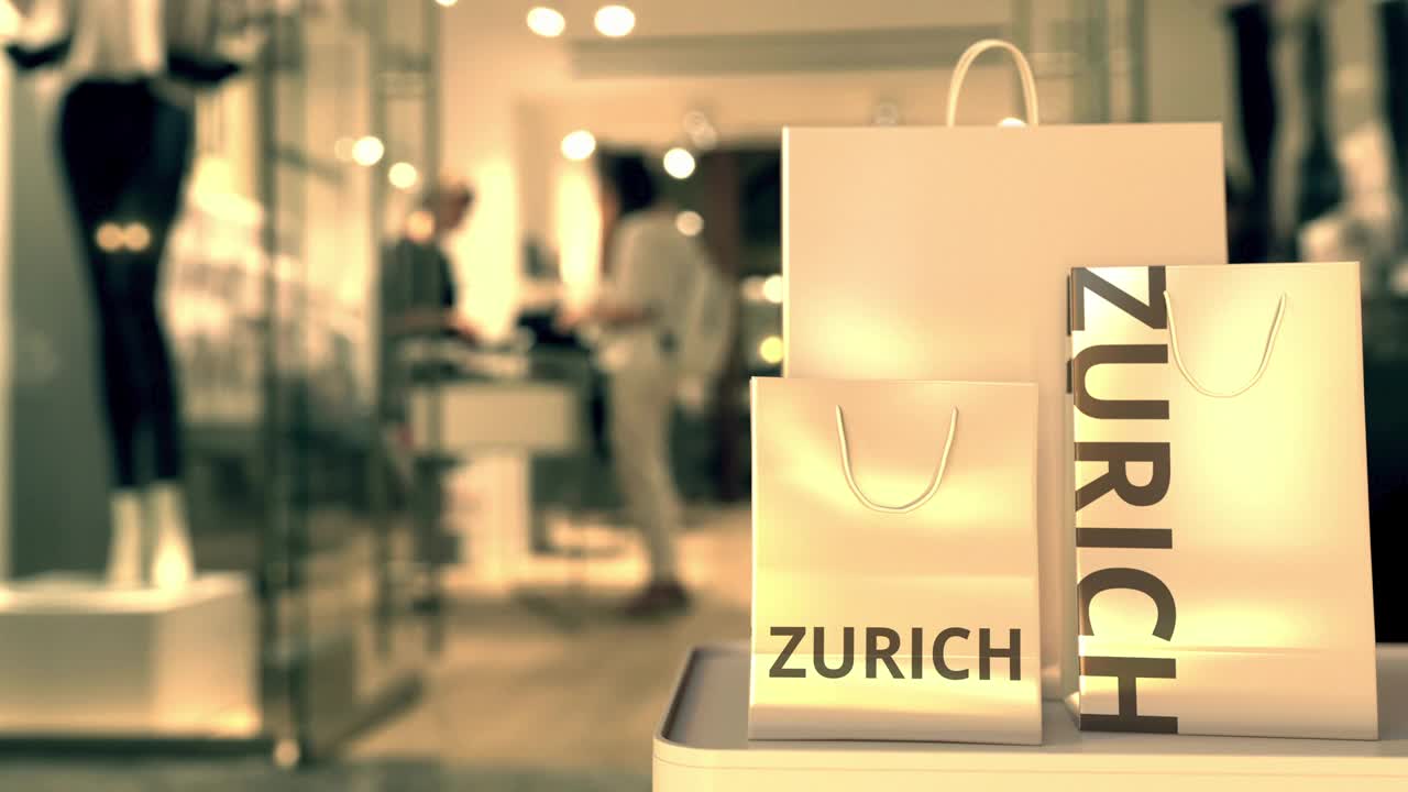 装有苏黎世短信的袋子。瑞士购物相关概念3D动画视频下载