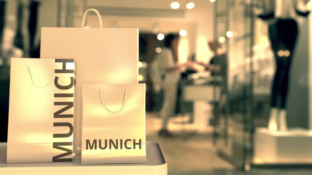 纸袋里装着慕尼黑的文字。德国购物相关3D动画视频下载