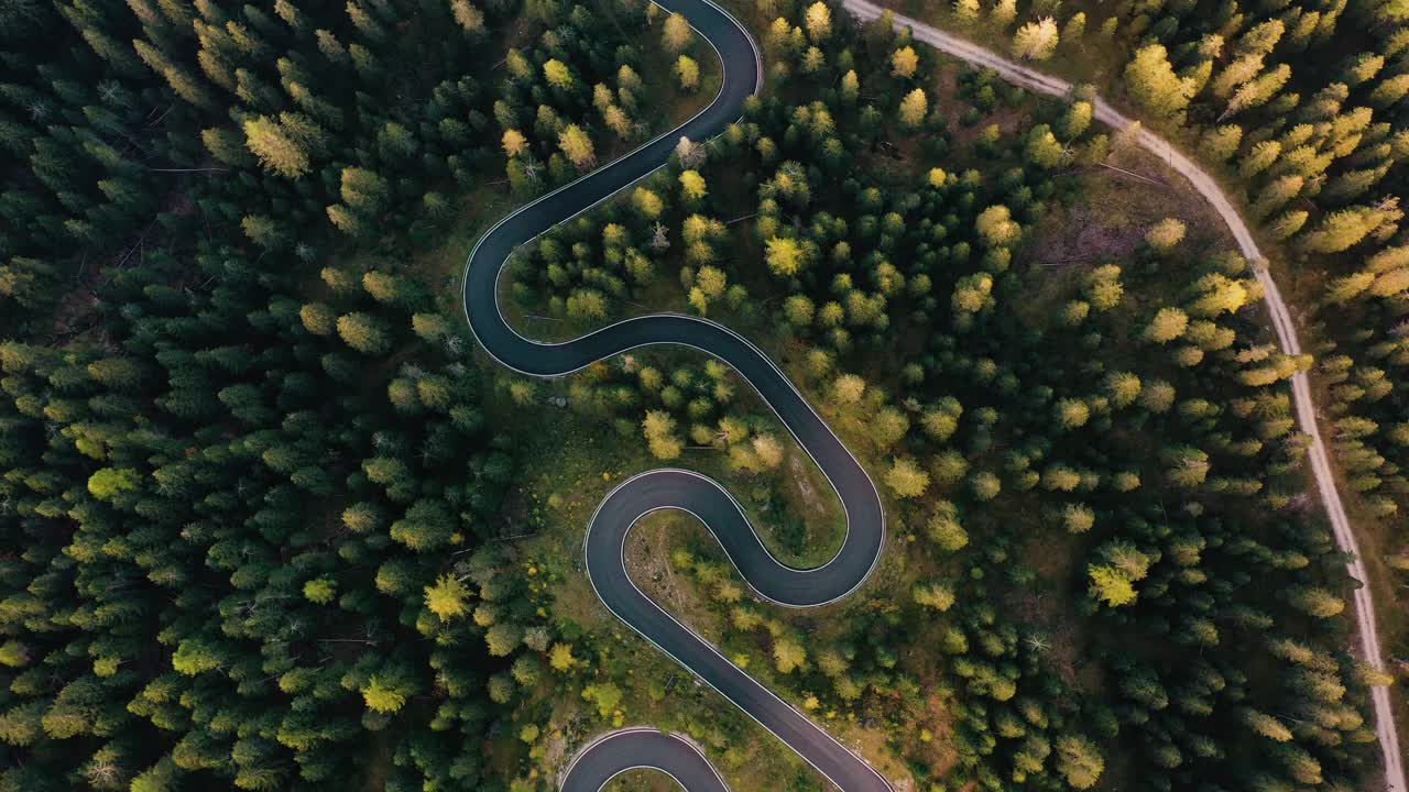 鸟瞰图弯曲的山路穿过秋天的森林视频下载