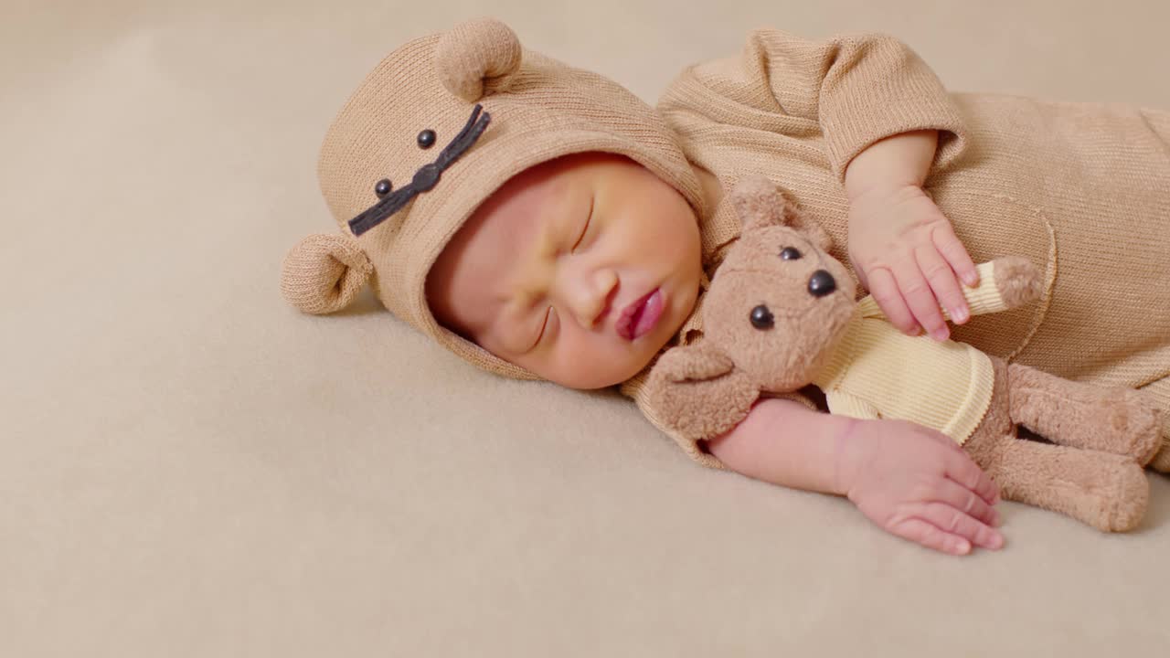 快乐的新生婴儿断奶可爱的老鼠服装躺着睡觉和拥抱娃娃米色的背景舒适和安全。可爱的亚洲婴儿在婴儿床上睡觉和打盹。新生儿摄影理念视频下载