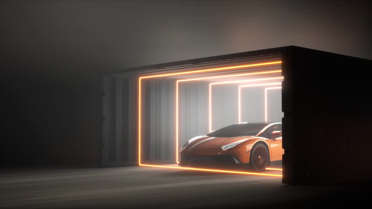 一辆普通的豪华橙色跑车，前灯亮着，刚刚停在一个空的水泥/工业车库视频素材