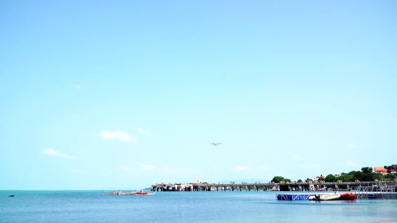 在温暖的夏日，飞机降落在海边和码头上视频购买