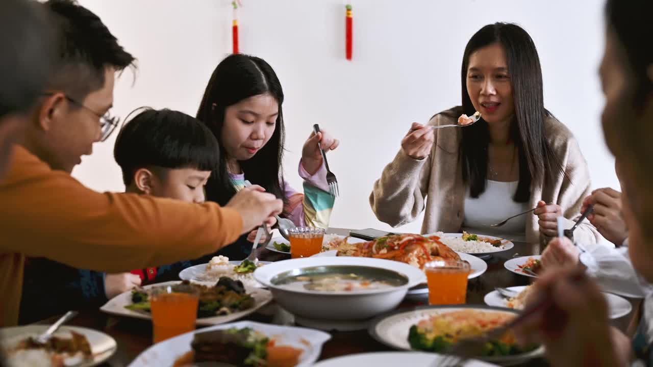 在中国新年期间，快乐的亚洲家庭的三代人在家里庆祝和享受团圆饭视频下载