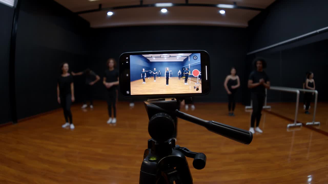 在一所舞蹈学院，美丽的舞蹈老师用三脚架和智能手机记录她的学生们的舞蹈动作视频下载