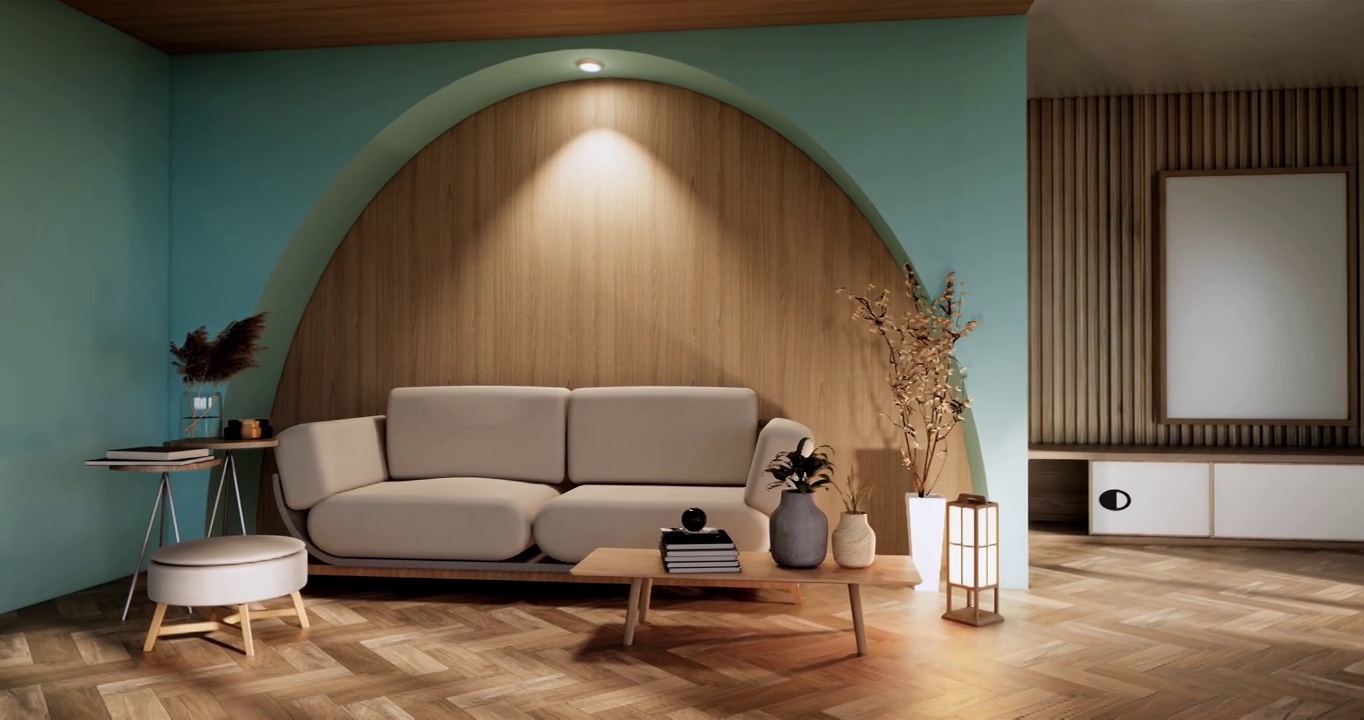 薄荷墙设计房间装饰，灯，植物，地毯，沙发。三维渲染视频素材