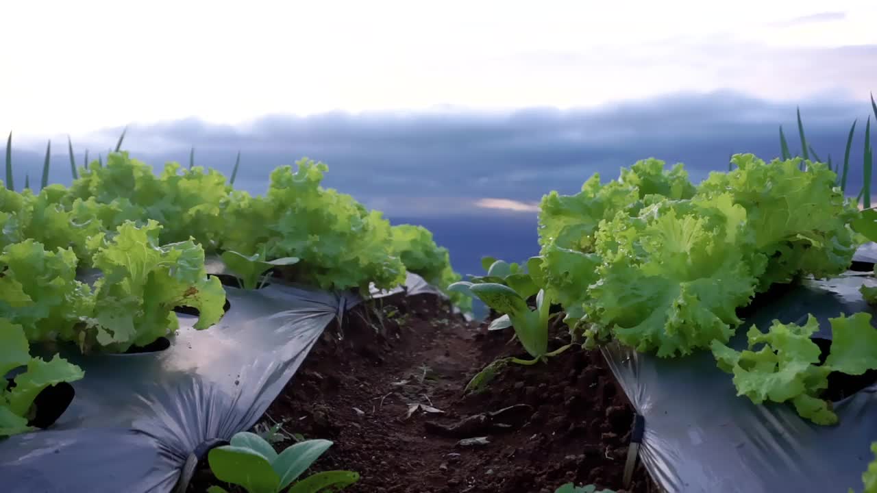 山上的蔬菜种植园在早晨种下了看起来很新鲜的莴苣，上面还挂着露珠视频素材