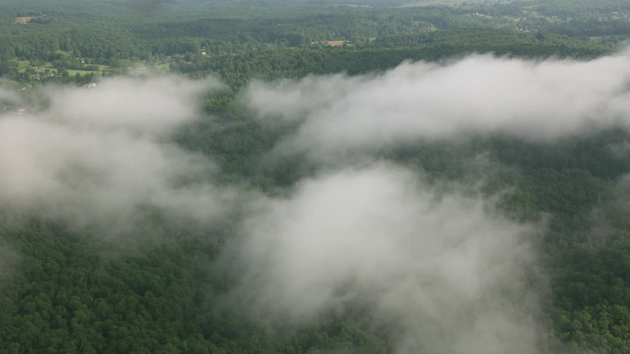 云和森林的鸟瞰图，在弗吉尼亚州的蓝岭山脉。从直升机上用Cineflex万向节和RED 8K相机拍摄。视频下载