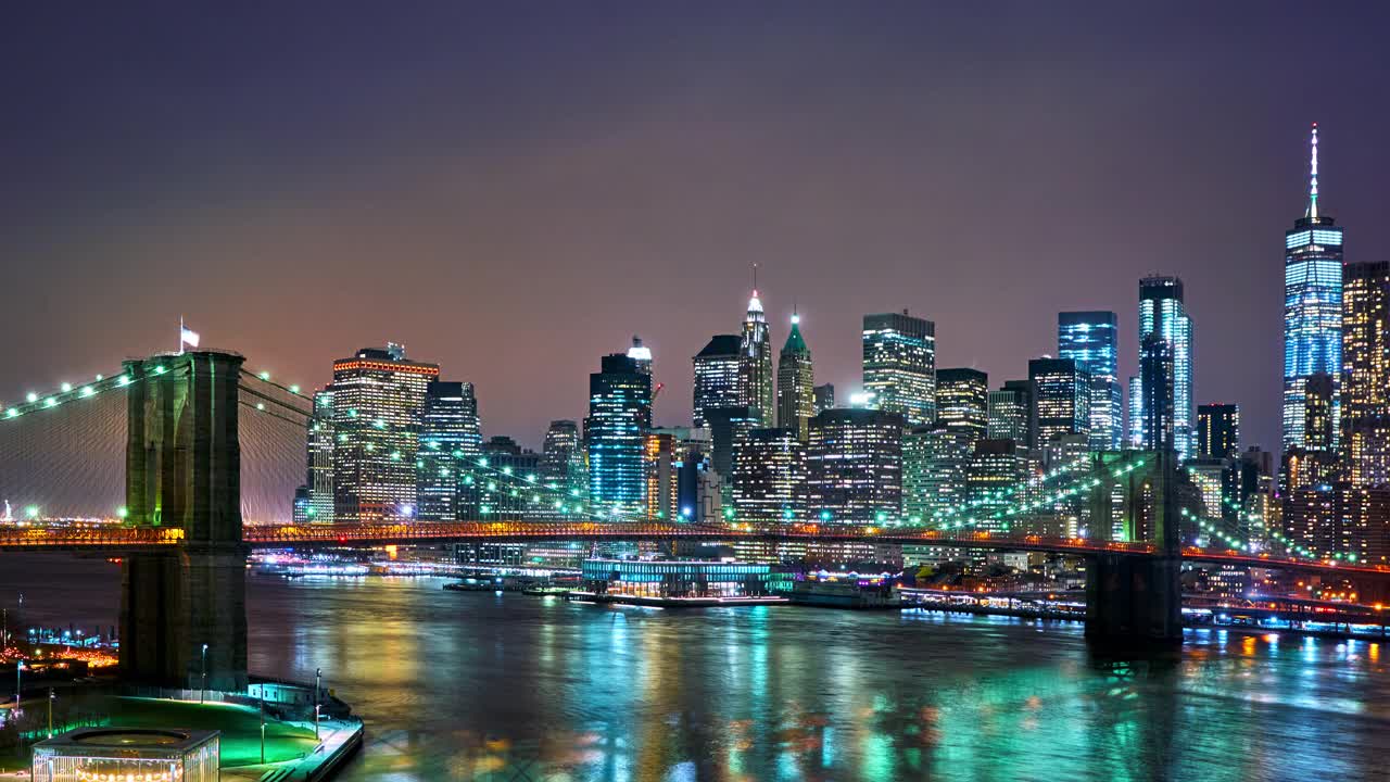 布鲁克林大桥和曼哈顿金融区的全景。世贸中心视频素材