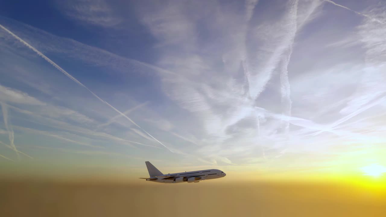一架没有品牌的商用飞机在金色的日落前飞行，飞机尾迹划过天空视频素材