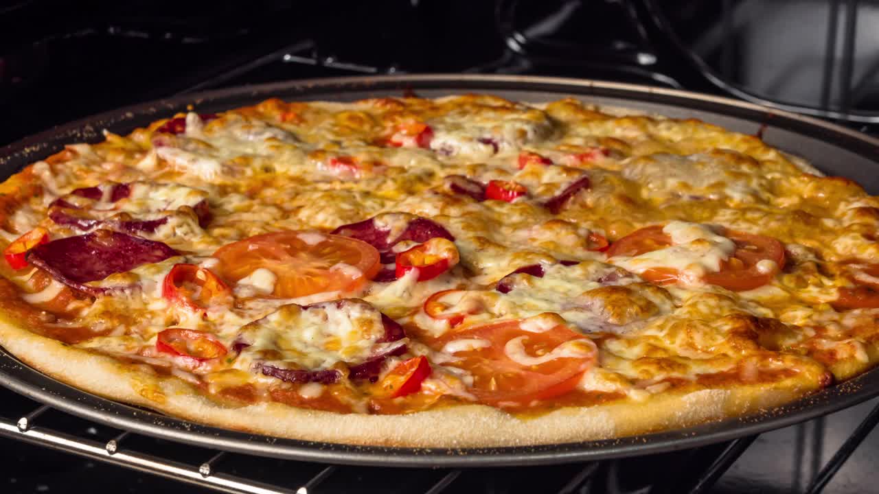 热而美味的披萨在烤箱里视频素材