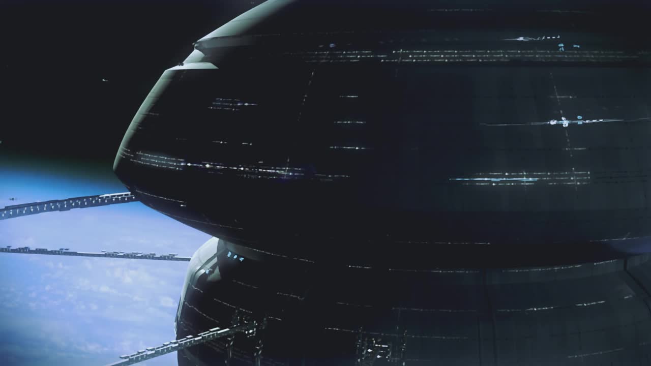 在一个非常大的空间站上飞行的宇宙飞船。科幻电影的拍摄。视频素材