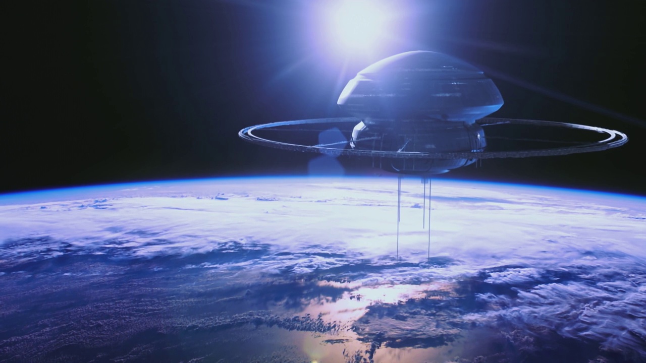 宇宙飞船飞向一个非常大的空间站。科幻电影的拍摄。视频素材