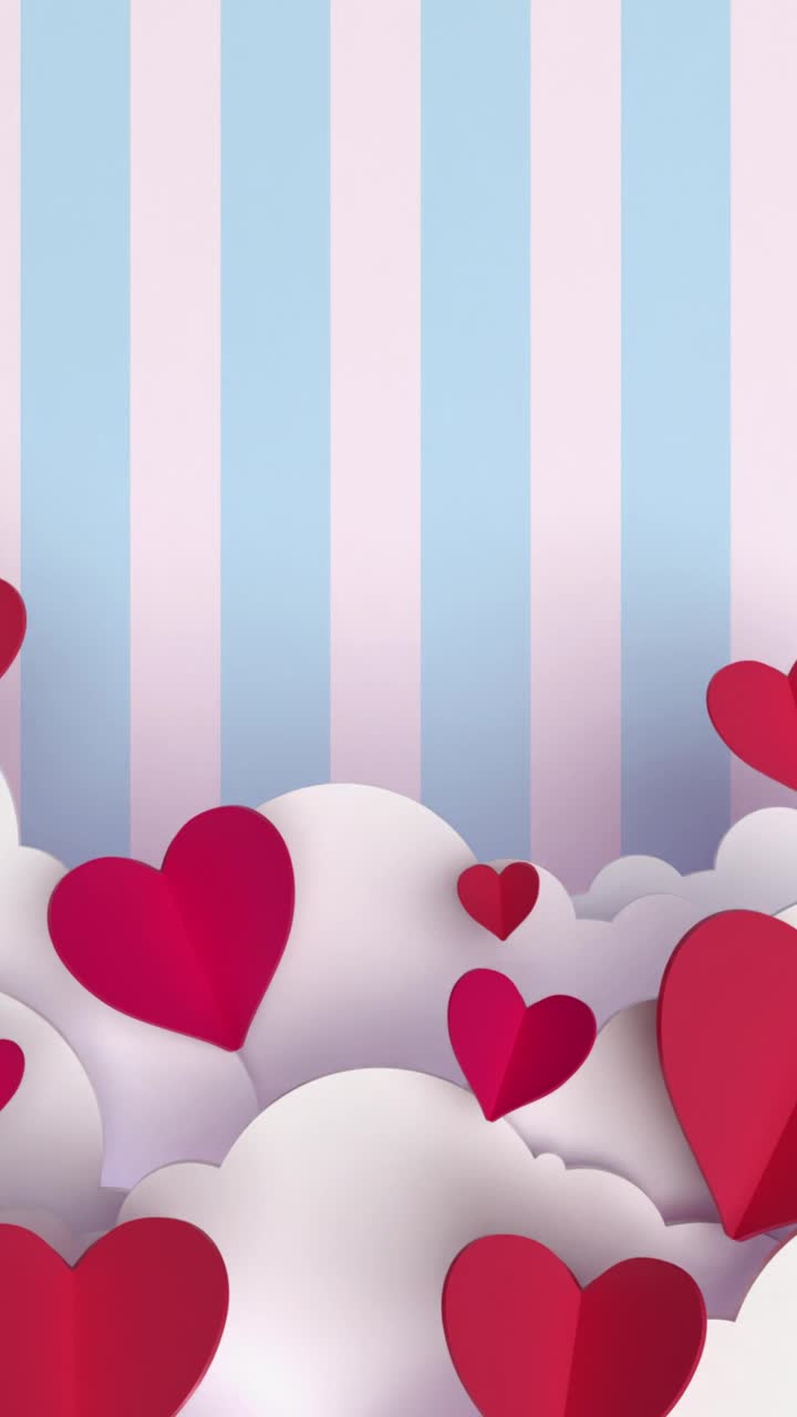 3D纸工艺心脏与快乐的情人节文本反对蓝色和白色条纹壁纸在4K分辨率视频下载