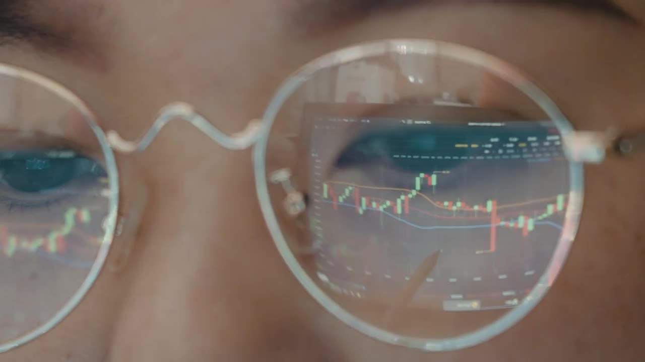 在电脑显示器上看股票市场的女人视频下载