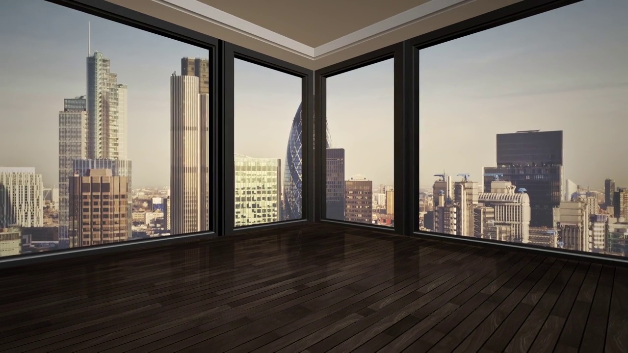 夏日的城市全景，从窗外眺望高楼大厦视频下载
