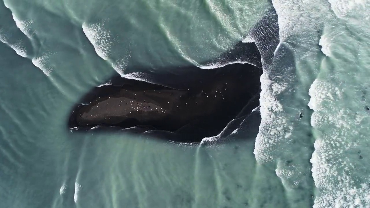 从冰岛上空直接拍摄到海浪撞击黑沙岛的画面视频素材