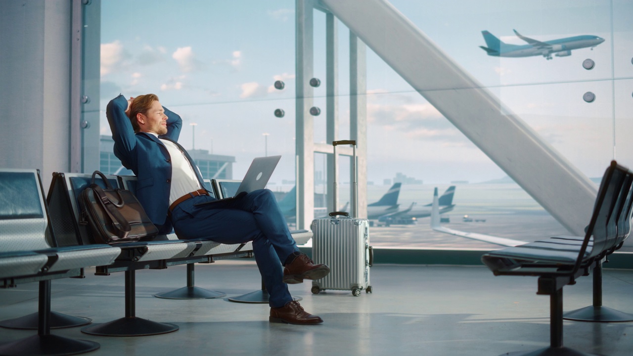 机场候机楼:商人用手提电脑等待航班。旅行企业家坐在航空中心的候机室，在飞机到达和离开时进行远程在线工作。宽视频下载