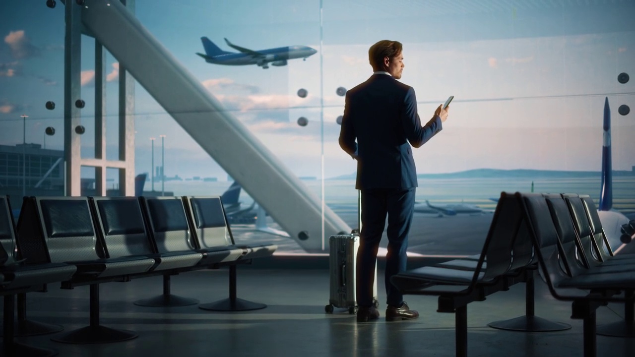 机场候机楼:带行李箱的商人，使用智能手机应用程序进行电子商务。在航空枢纽的登机休息室等待飞机的旅行男子背影视频下载