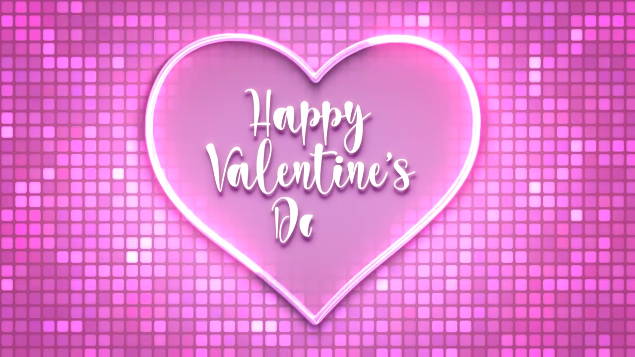 祝你情人节快乐。明亮明亮的粉红色动画与霓虹灯的心。情人节快乐字体手写书法文字与霓虹心。2月14日浪漫的概念。视频下载