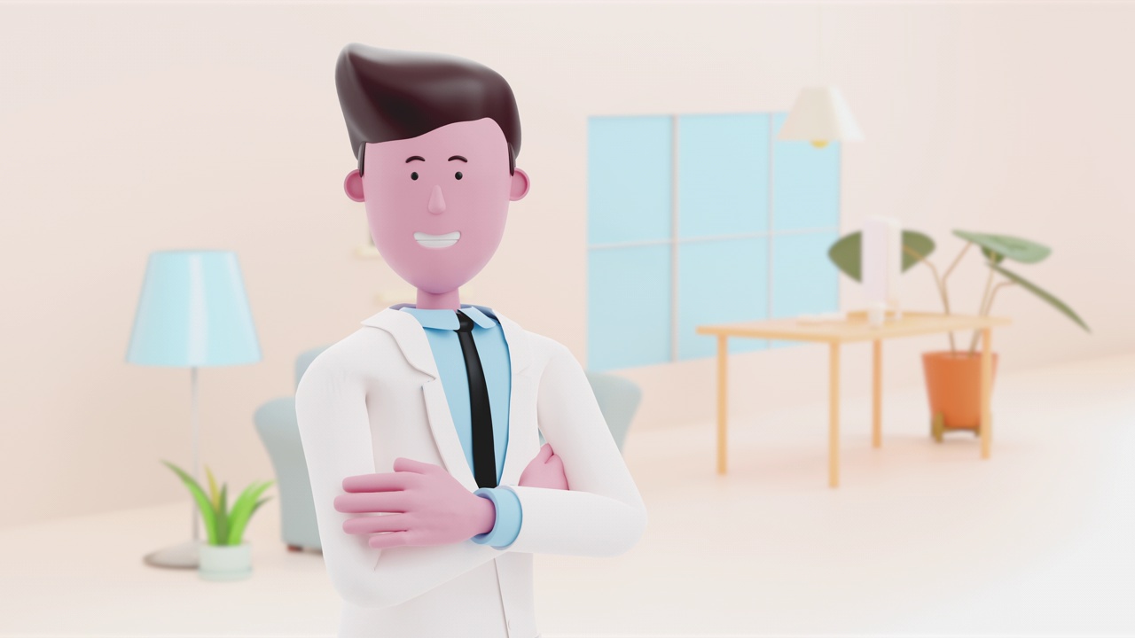 三维动画卡通肖像自信成熟的医生在医院。视频素材