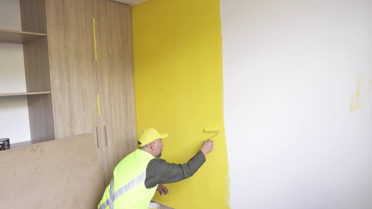 男子穿上制服，把他新房子的墙漆成黄色视频下载