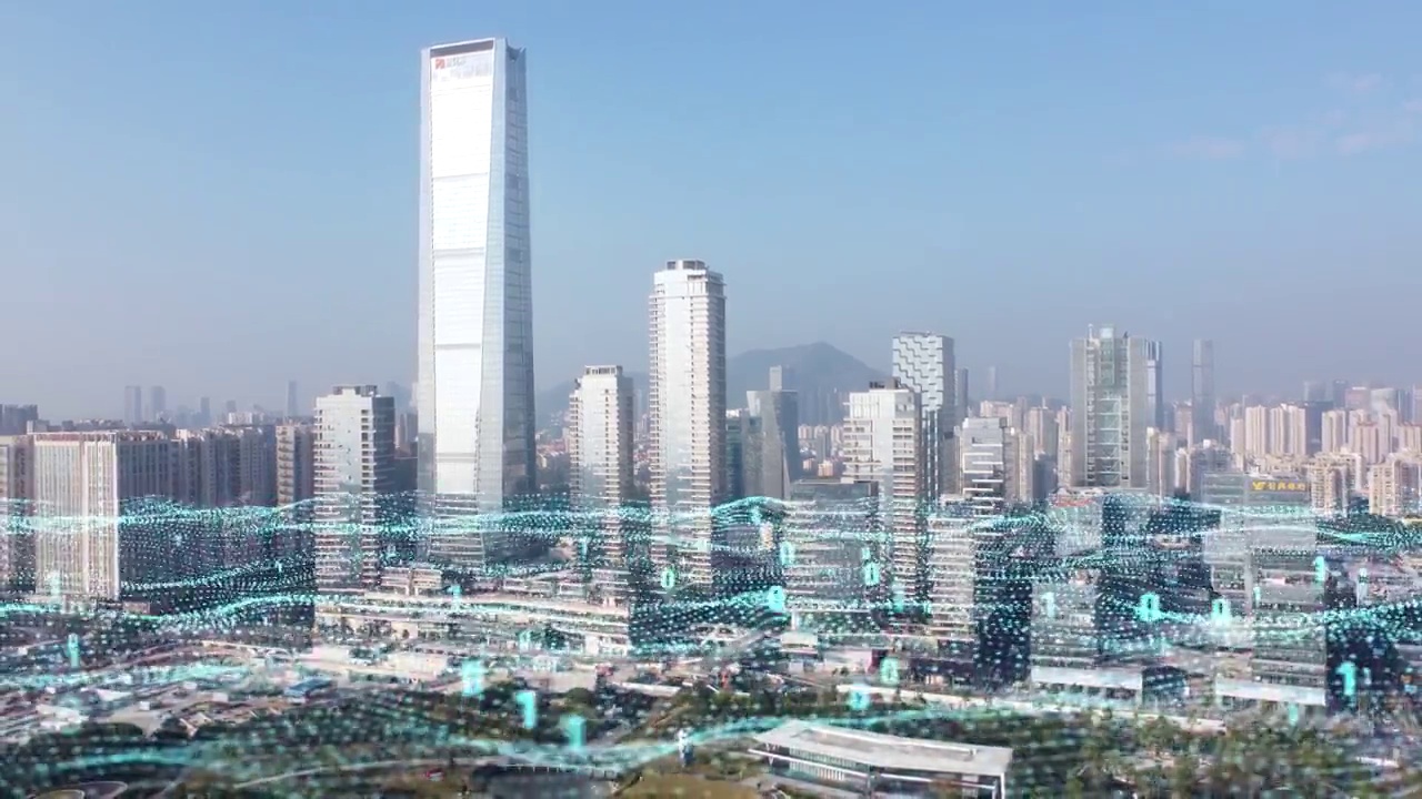 深圳南山区天际线和科技大数据概念。深圳,中国视频素材