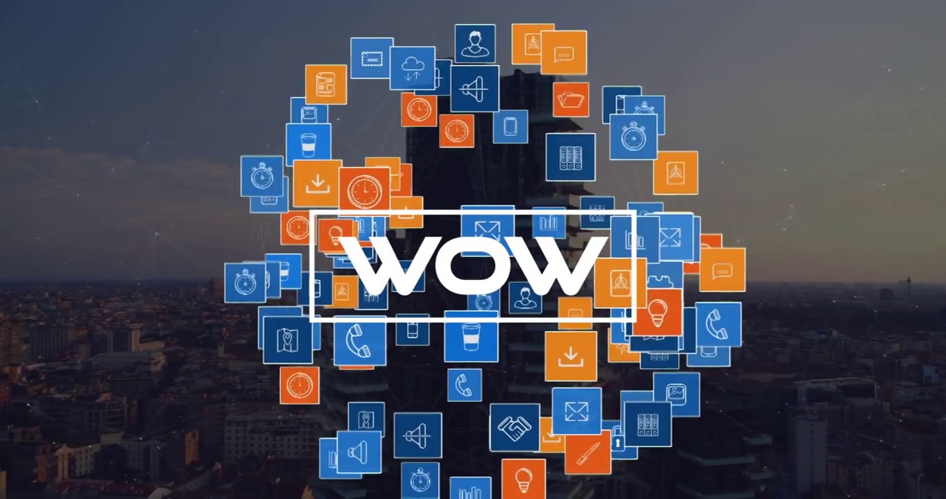 wow文本和社会媒体图标在城市景观的动画视频素材