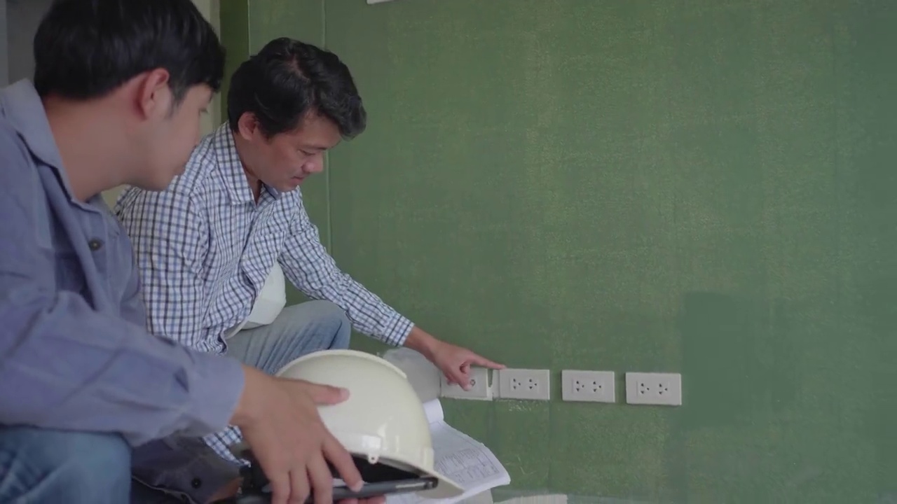 亚洲男子工程师检查正在施工的室内电源插座视频下载