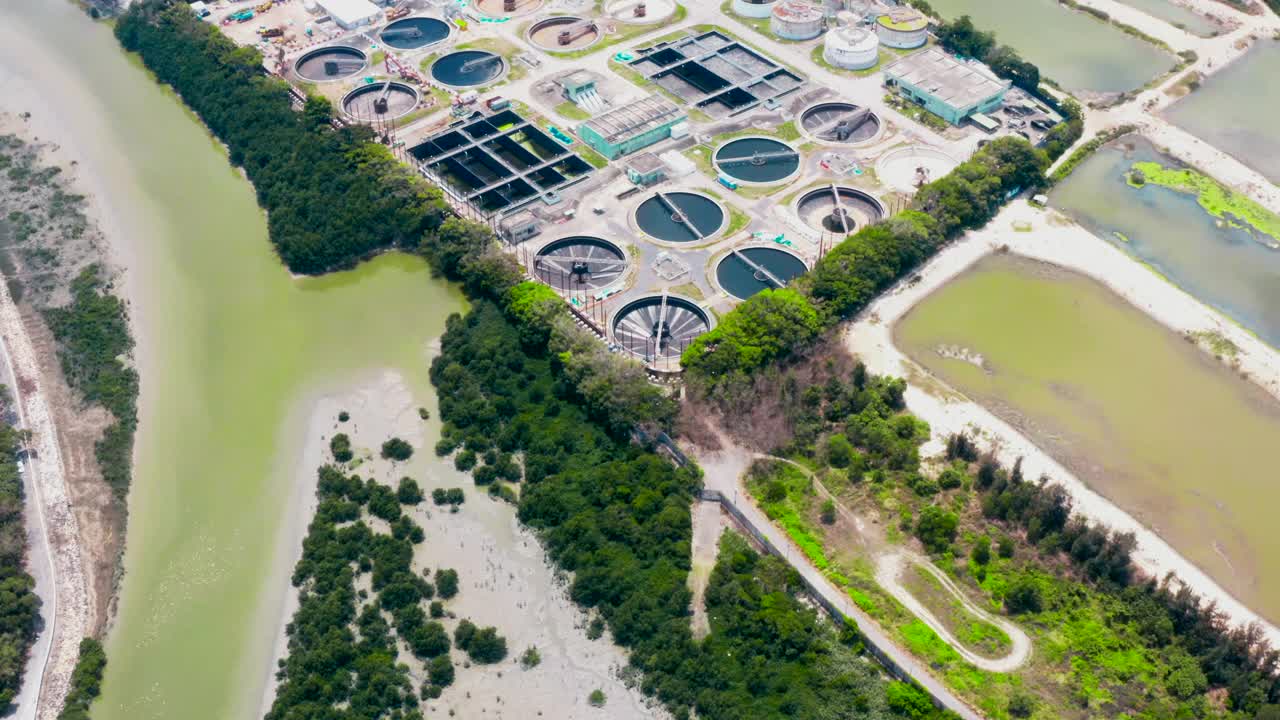 现代污水处理厂净化池航拍照片视频素材
