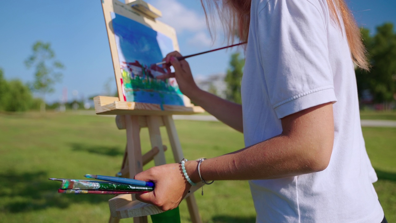 夏天的一天，一名女子在公园里练习她的创作爱好绘画视频素材
