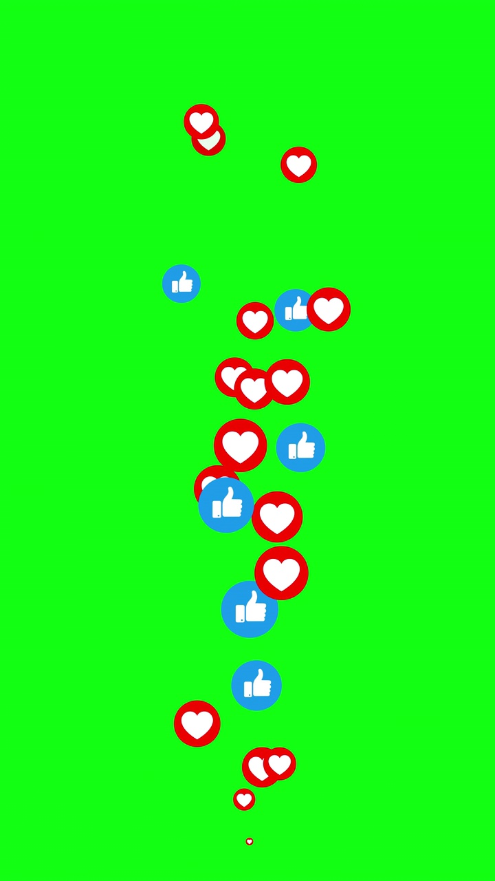無縫循環。社交媒體現場風格動畫圖標上的綠色背景。愛的心和豎起大拇指的符號。情人節。生活流。色度鍵視頻素材