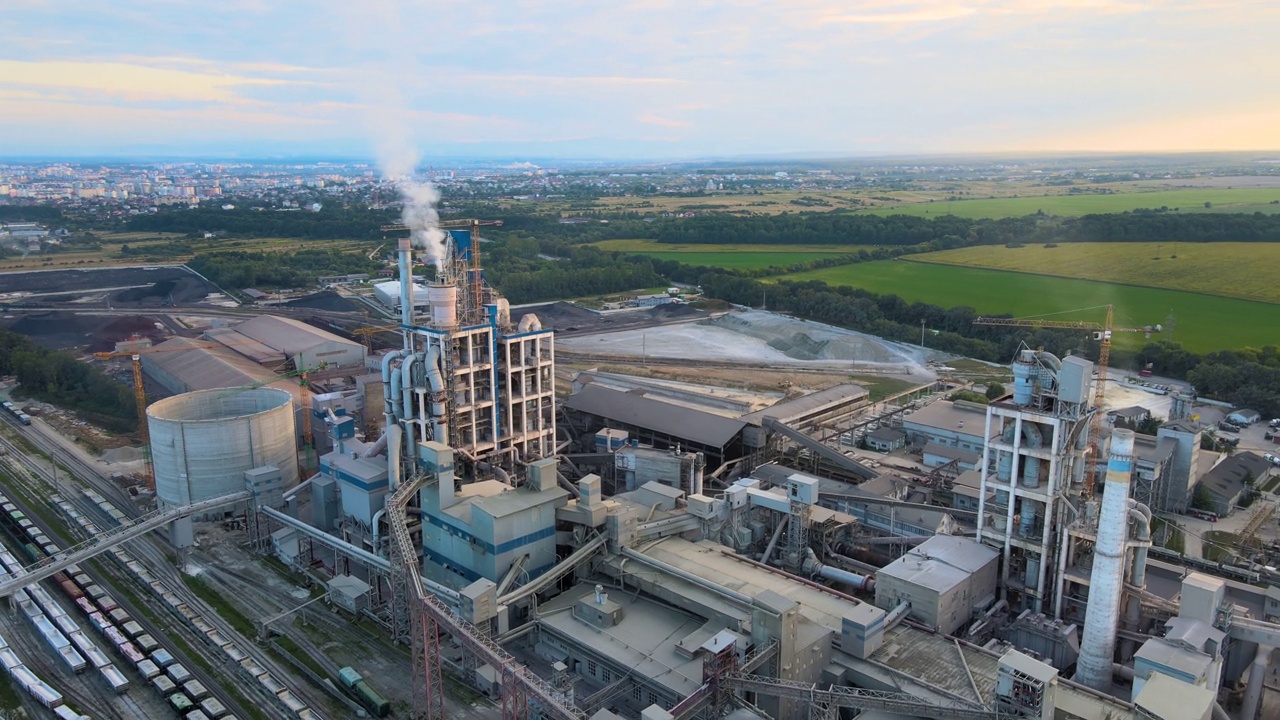 水泥工厂鸟瞰图，工业生产区的高混凝土厂房结构和塔式起重机。制造和全球产业理念视频下载