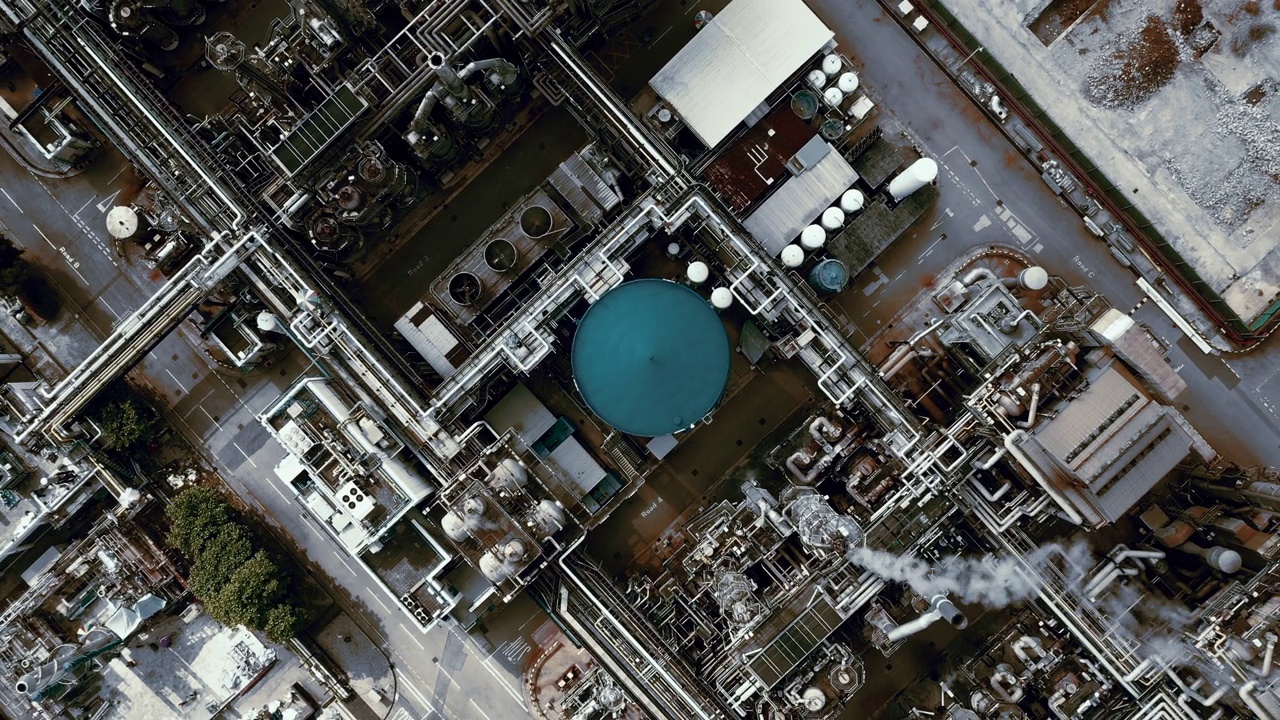 鸟瞰图炼油厂，炼油厂，工业炼油厂石化工厂视频下载
