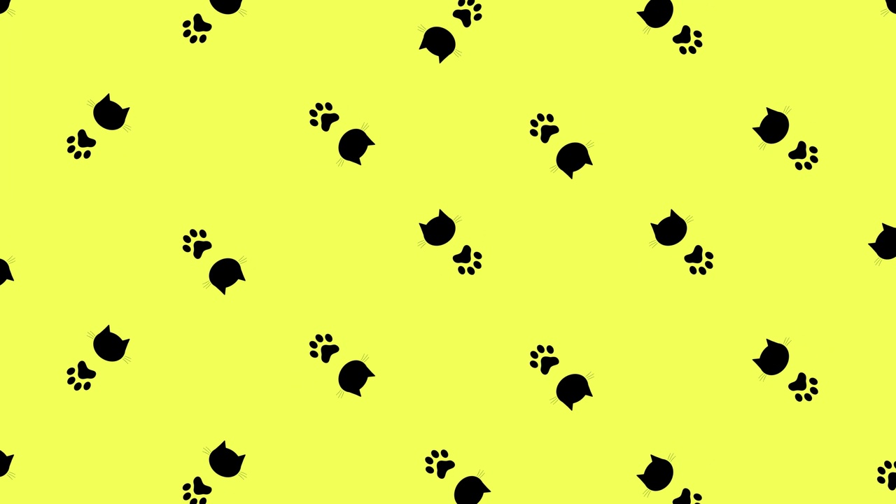 黄色背景上黑猫头和爪子的彩色图案。无缝的猫爪和脸图案。动物剪影。4 k视频运动视频素材