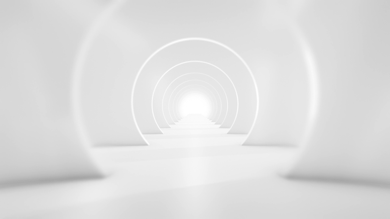 飞越未来主义的白色隧道。(可循环的)抽象3D动画。照明走廊、室内设计、太空、科学、实验室、技术、科学、建筑、工业的概念视频素材