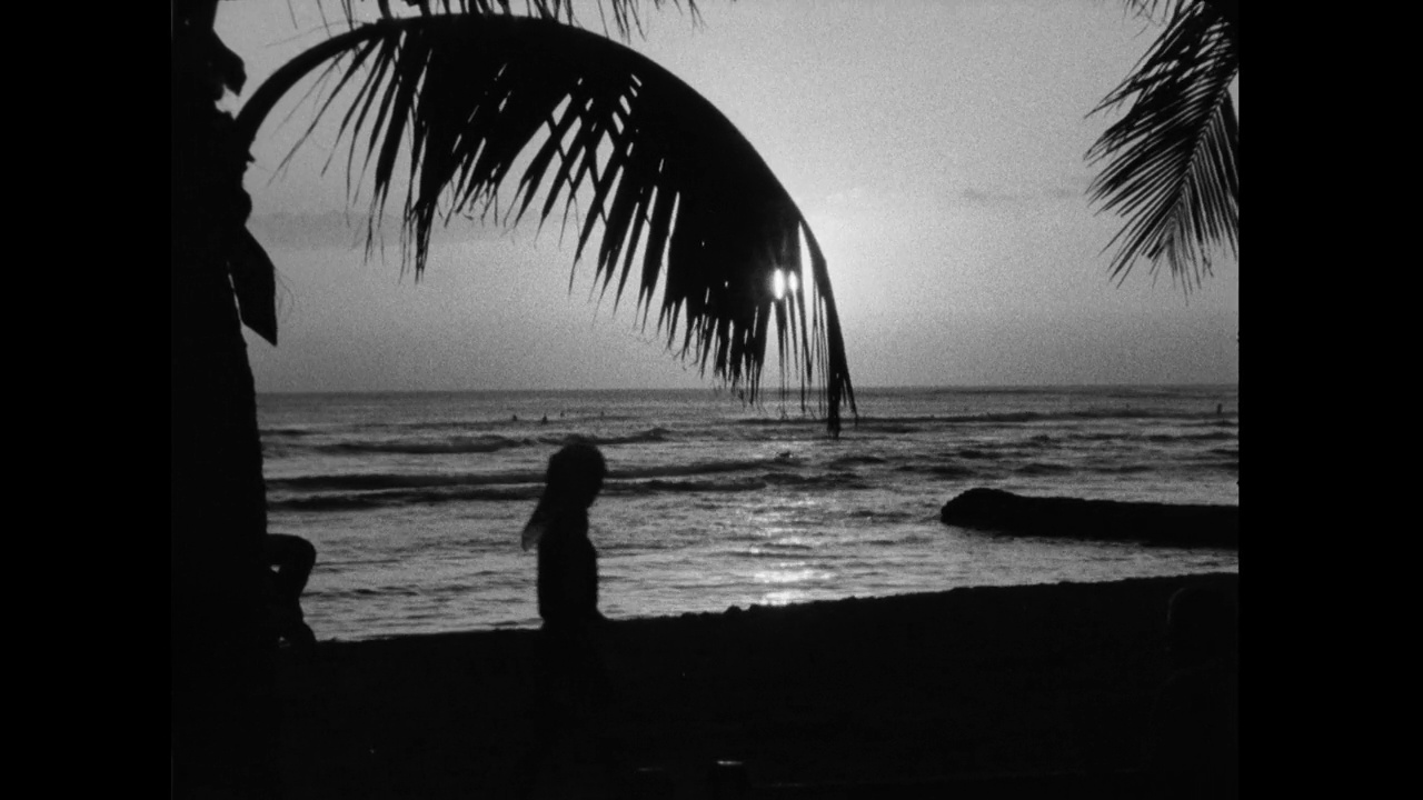 WS剪影的人走在日落的海滩;1964视频下载