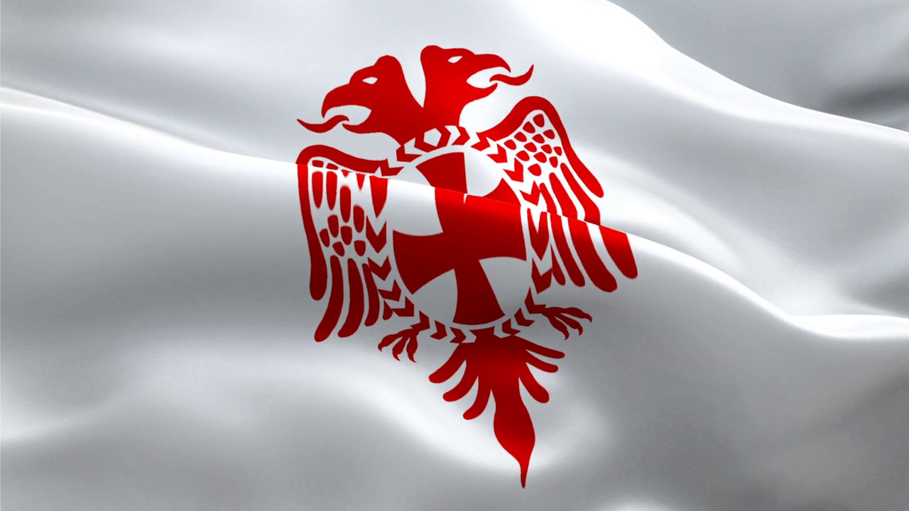 阿尔巴尼亚东正教旗帜。阿尔巴尼亚东正教会耶稣基督挥舞旗帜的背景视频在风中飘扬。现实的红色拉丁十字背景。自画像阿尔巴尼亚传统旗帜循环1080p全高清1920X1080镜头。圣公会,浸信会,路德视频下载