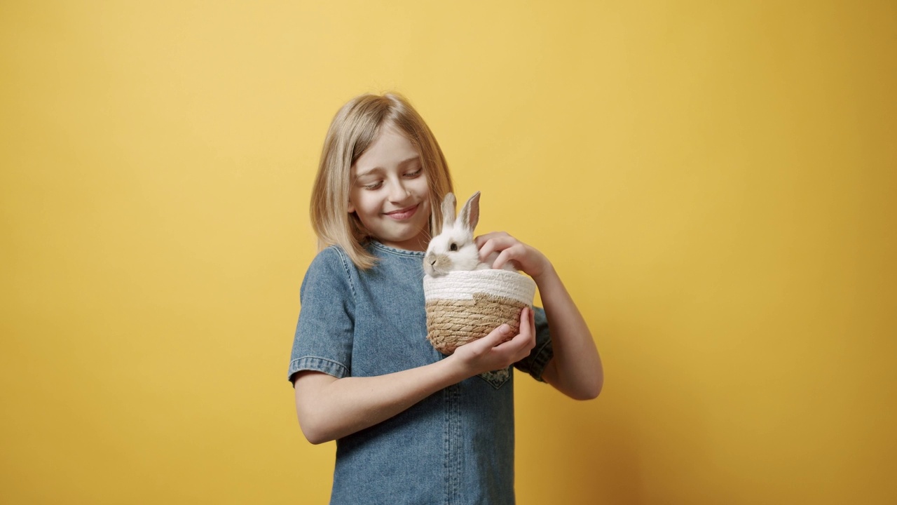 一个穿着蓝色连衣裙的少女，手里拿着一只兔子视频下载