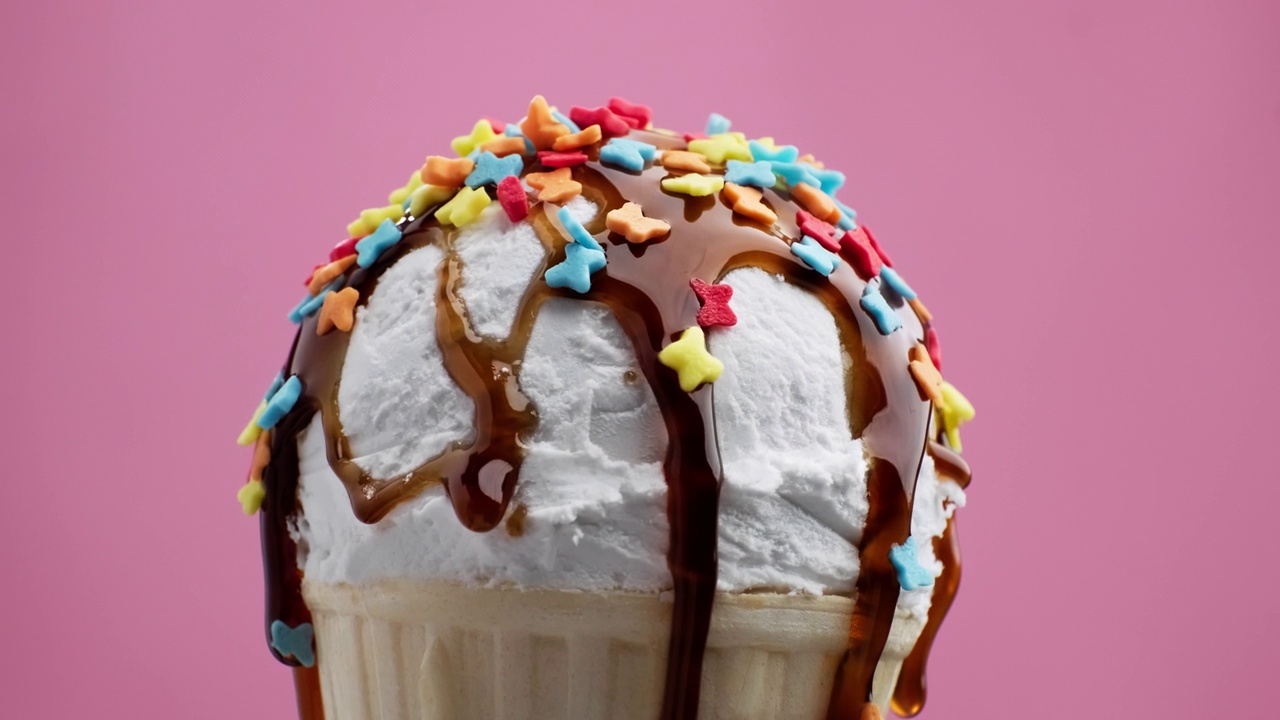 香草白色冰淇淋，上面有焦糖和旋转的彩色糖屑视频下载